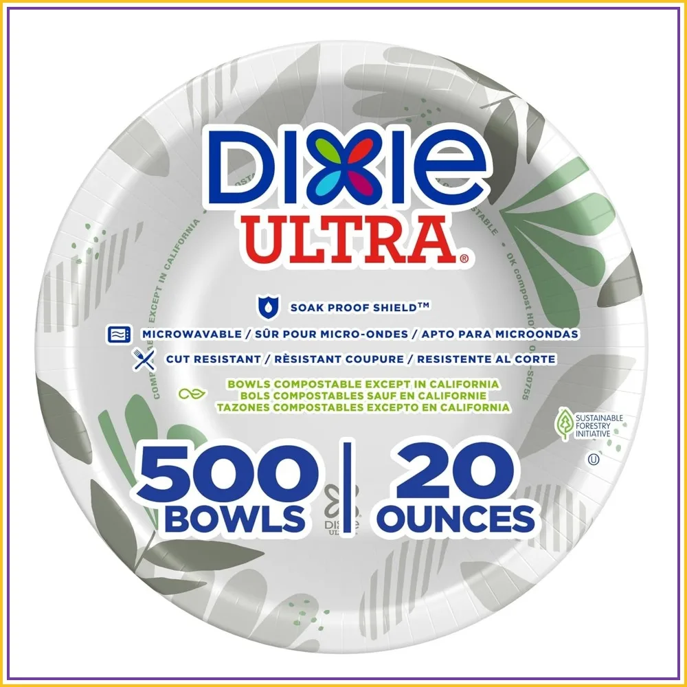 

500 Count Heavy-Weight Paper Bowls, 4 Packs of 125, Soak-Proof & Microwavable, Ideal for Soups & Chili