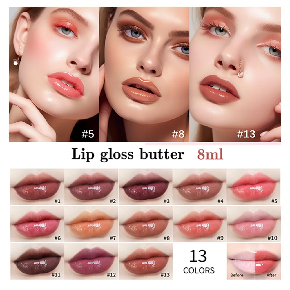 13Colors Moisturizing Lip Gloss Butter Jelly Lip Gloss Oil Mirror Effect Lip Tint Liquid Lipstick Waterproof Lip Oil Glaze