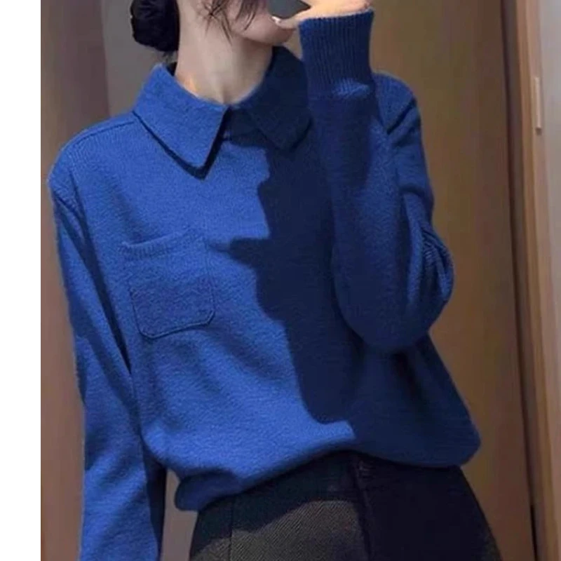 

Элегантная синяя вязаная блузка с отложным воротником и карманом для женщин, повседневная офисная одежда, стиль весна-осень