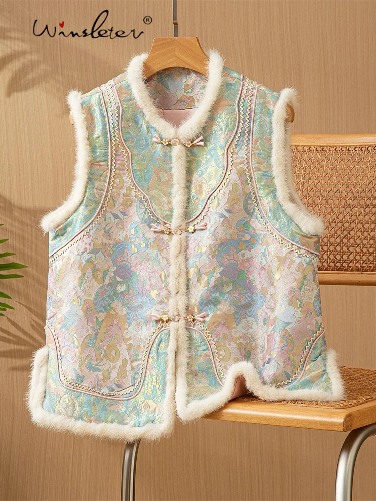 

Winsleter-100%Real Silk Elegant Vest Coat, Mink Fur Patchwork, Women Retro Chic Song Brocade Waistcoat, 2025 Winter New C5D142CC