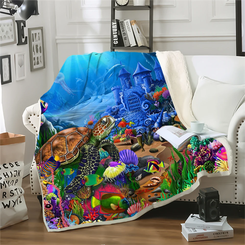 CLOOCL Fashion Blankets Funny Marine Life Coral Turtle Palace Ruins 3D Printed Throw Blankets Double Layer Quilts Nap Quilt