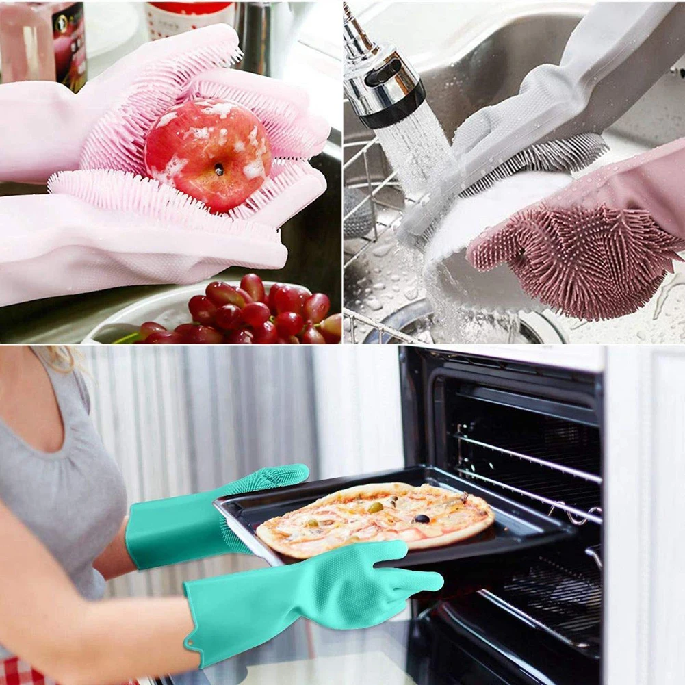 Dishwashing Cleaning Gloves Silicone Rubber Sponge Glove Household Scrubber Kitchen Clean Tools Dropshipping  Kitchen