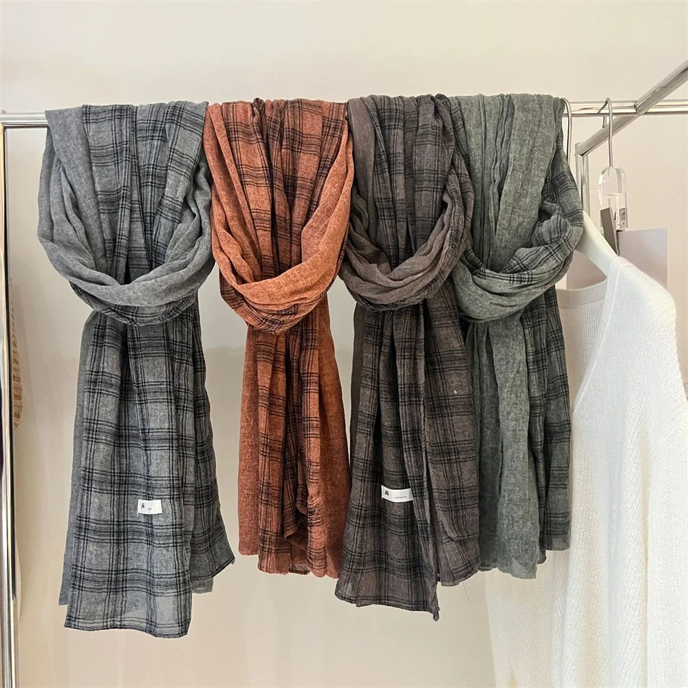 

High Quality Linen Plaid Scarf Vintage Unisex British Shawls Wraps Fashion Travel Holiday Beach Towel Summer Sunscreen Scarves