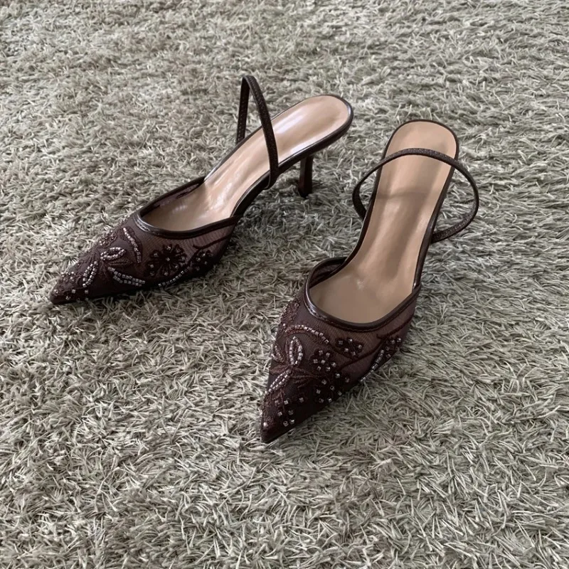 

2026 String Bead Mesh Embroider Slingback High Heels Women Sexy Pointed Toe Heeled Sandals Summer Elegant Luxury Designer Shoes