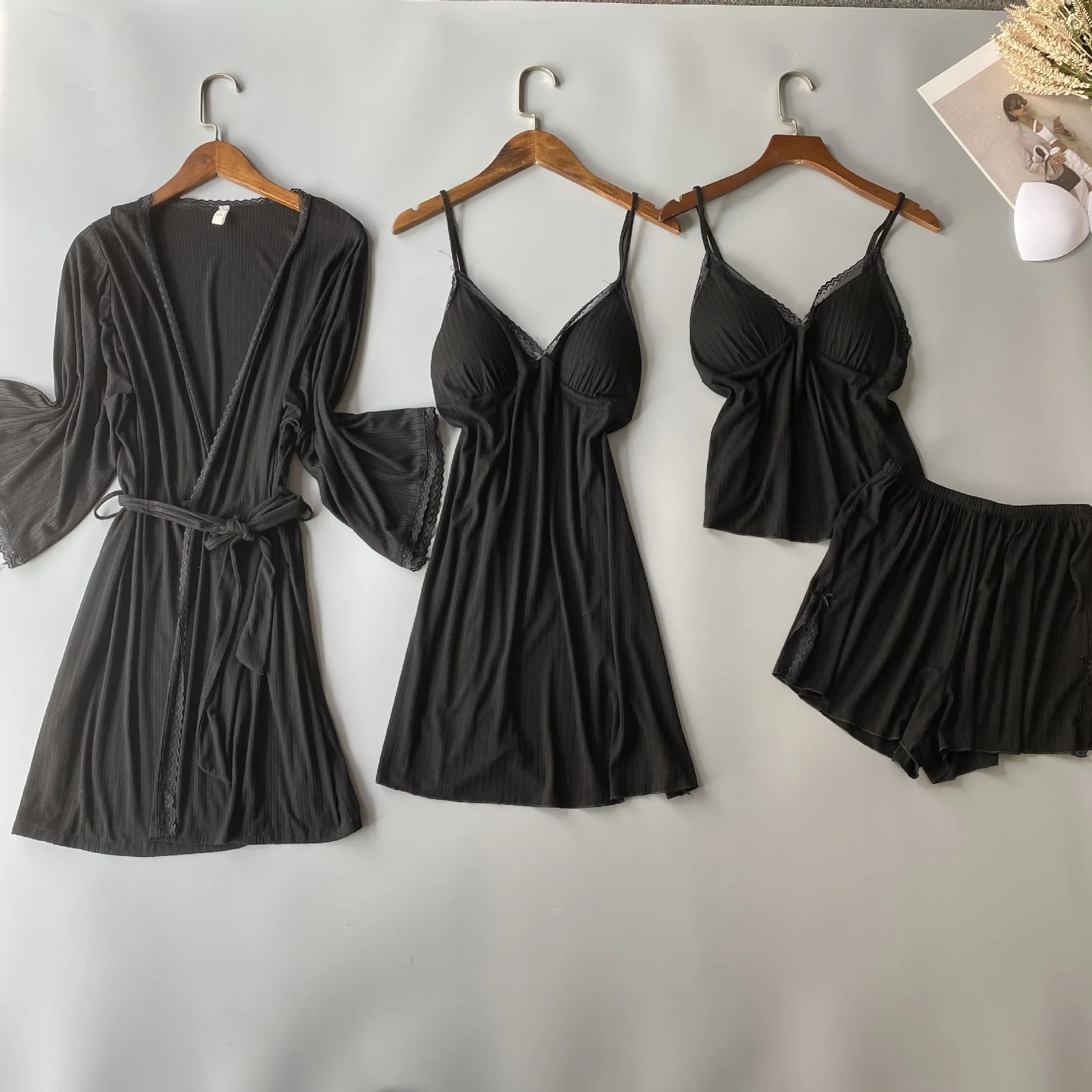 Ensemble de pyjamas en dentelle modale pour femmes, robe en coton, chemise de nuit, vêtements de détente, peignoir féminin, vêtements de nuit imbibés, vêtements pour la maison, 4 pièces