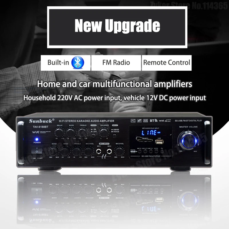 가정용 차량용 블루투스 사운드 앰프, 지지대 마이크 입력, USB SD FM AUX 디지털 오디오 스테레오 앰프 스피커, 12V, 220V
