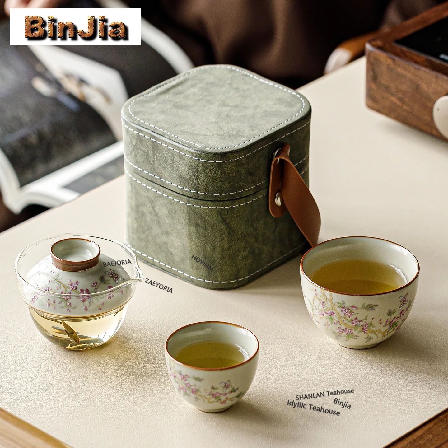 

Beige Ru Kiln Peach Blossom Travel Tea Set Kit Luxury 1 Bowl 2 Cups Tea Maker Organizer Portable Camping Tote Bag Decoration