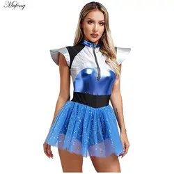Women Alien Costume Cheerleading Dance Dress Halloween Cosplay Festival Short Sleeve Shiny Metallic Spangles Tutu Leotard Dress