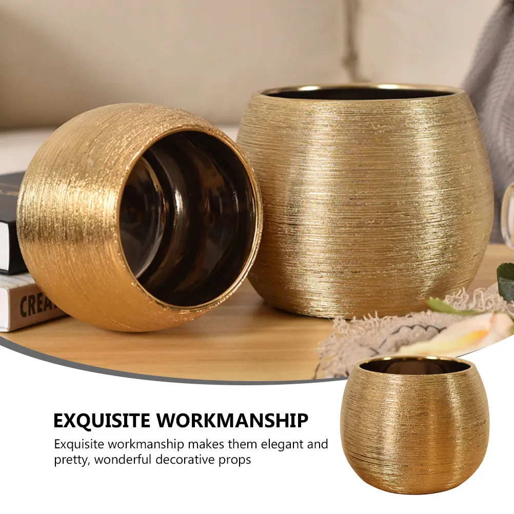 

1Pcs Round Ceramic Flower Pot Gold-Plated Succulent Planter Reusable Plant Container for Home Office Decor Gift Idea