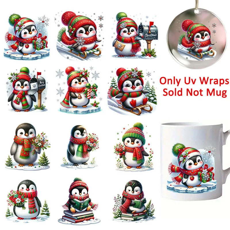 12pcs Christmas Winter Penguin UV DTF Cup Wrap Transfer Sticker Glass Coffee Mugs Decoration Winter Xmas Greeting Cards Decal