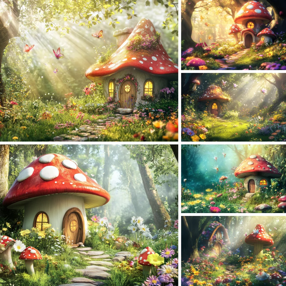 

Enchanted Forest Mushroom Photography Backdrop Fairy Tale Fairyland Dreamy Natural Jungle Baby Birthday Photo Background Props