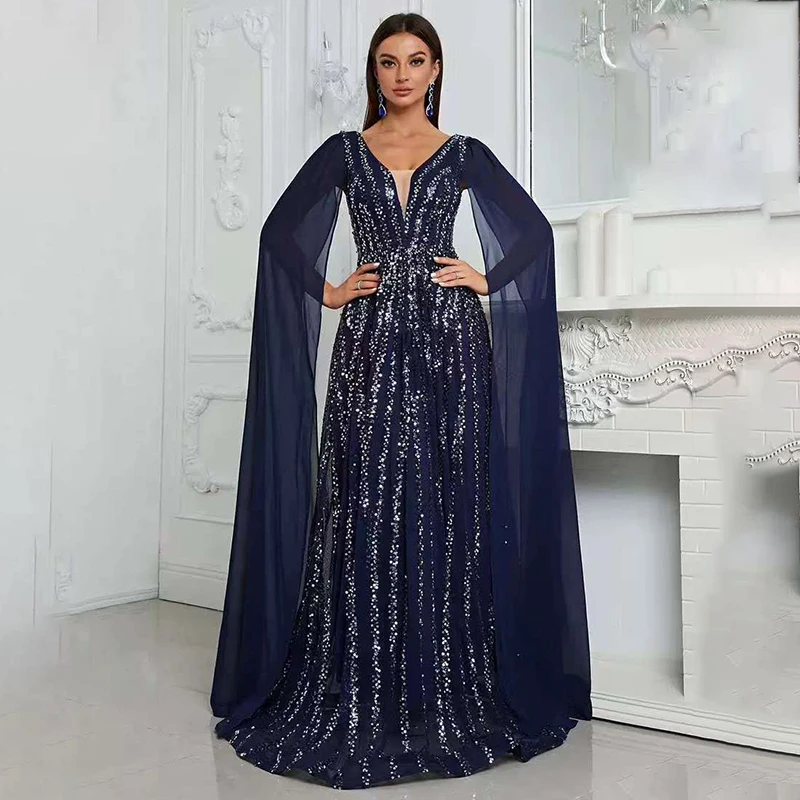 

Elegant Chiffon Mother of the Bride Dresses for Wedding Party Dress A-line Sequin Deep V Neck Bridal Guest Dresses with Cape