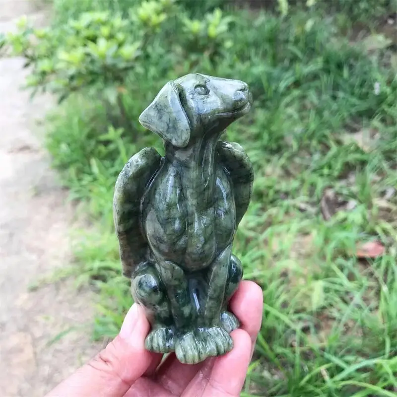 10cm Natural Ophiolite Angel Dog Handmade Carved Polished Statue Healing Healthy Children Toy Home Decoration Gift 1pcs