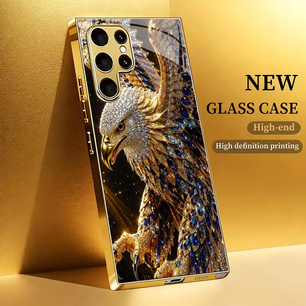 Eagle design electroplated glass phone case suitable for Samsung GalaxyS26 S25 S24 S23 S22 S20FE/Ultra/Plus anti drop back cover