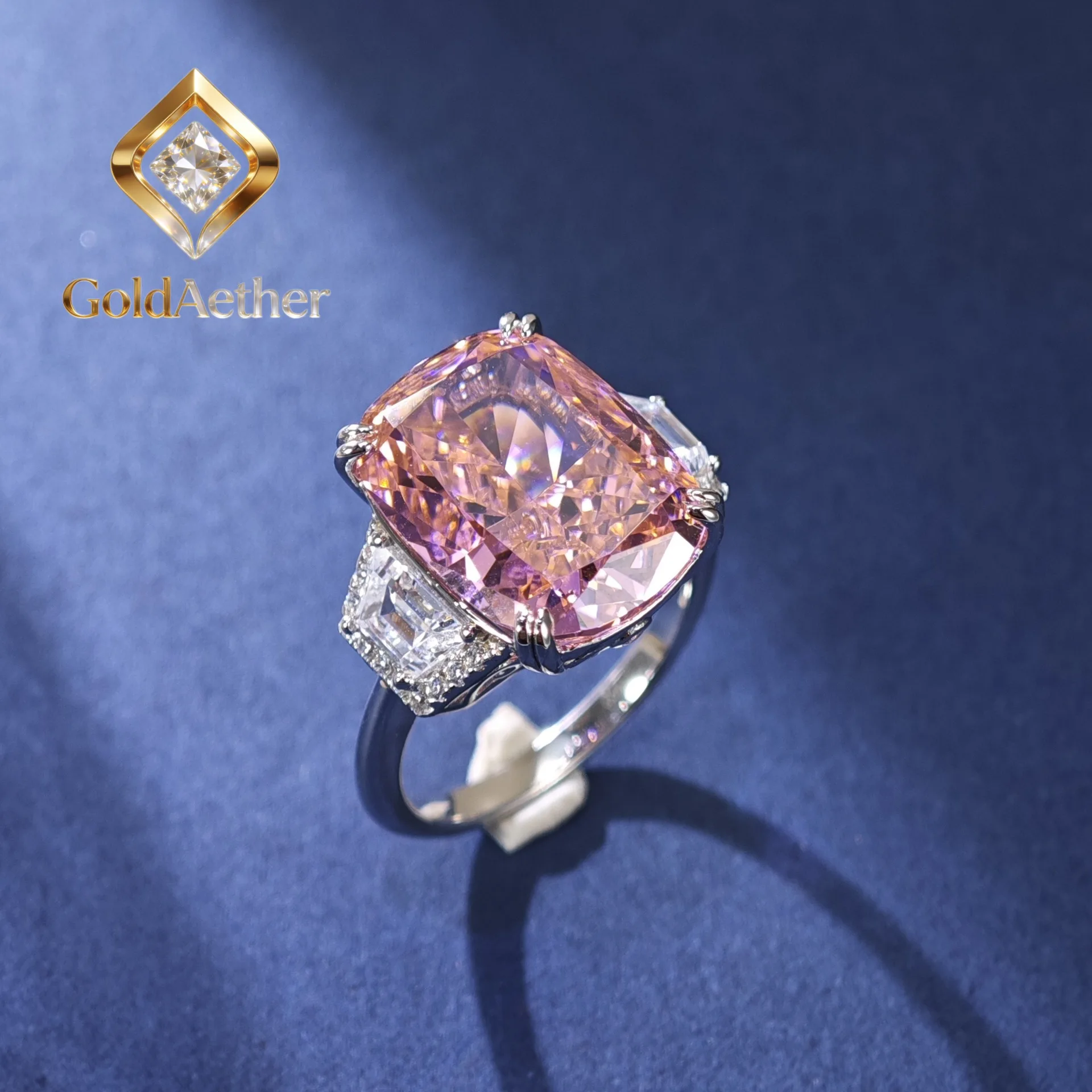 

GoldNouveau Luxury Solid Platinum PT950 Women's Long Pillow-Shaped Ice Flower Cut 5 karat Pink Diamond Ring