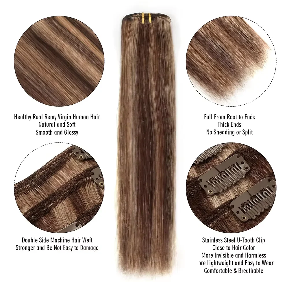 8 Pcs Highlight Straight Clip Ins Human Hair P4/27 100% Unprocessed Real Hair  Clips In Hair Thicker Ombre Raw Hair Extensions