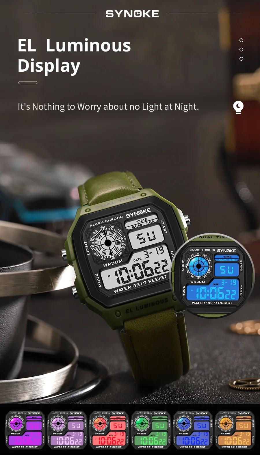 SYNOKE Gürtel Uhr Männer Outdoor Sport Multifunktionale Wasserdichte Leucht LED Digital Uhr PU Leder Für Männer Retro Mode – Detail 8