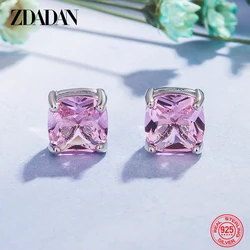 ZDADAN 925 스털링 실버 11mm 스퀘어 핑크 지르콘 귀걸이 여성용 웨딩 주얼리