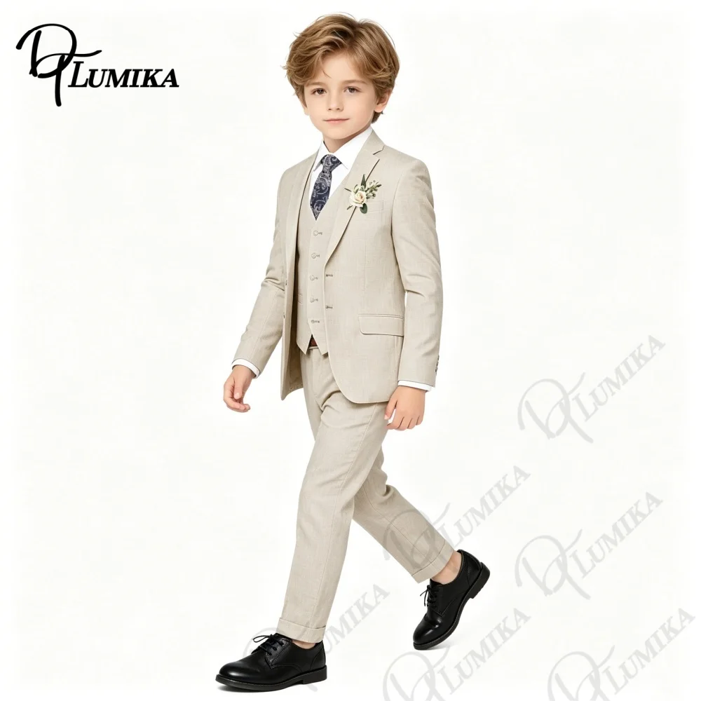 Costume en lin beige pour garçons, 4 pièces, avec cravate florale, ensemble formel pour enfants, mar