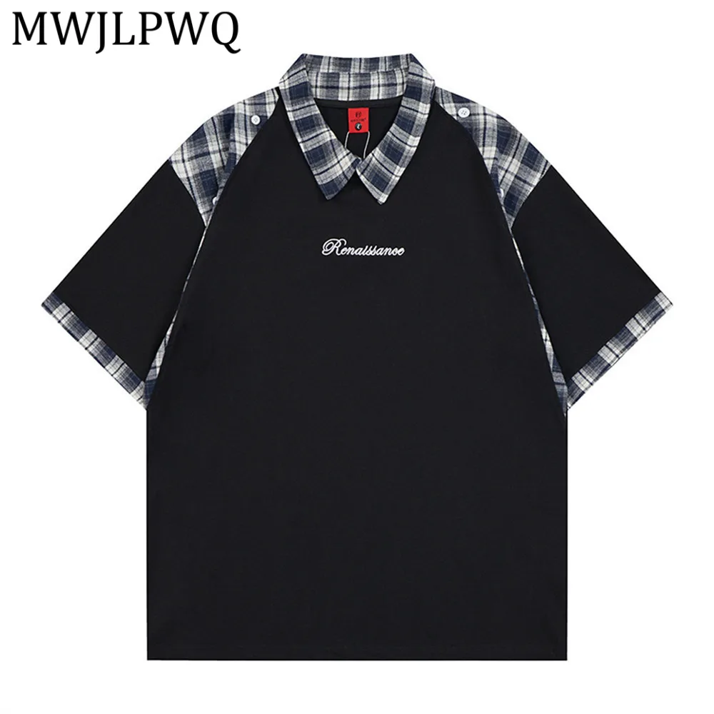 

MWJLPWQ Patchwork Short-Sleeve Shirt For Men Street Lapel Loose American Trendy Plaid Design Casual Tops Spring Summer 14023