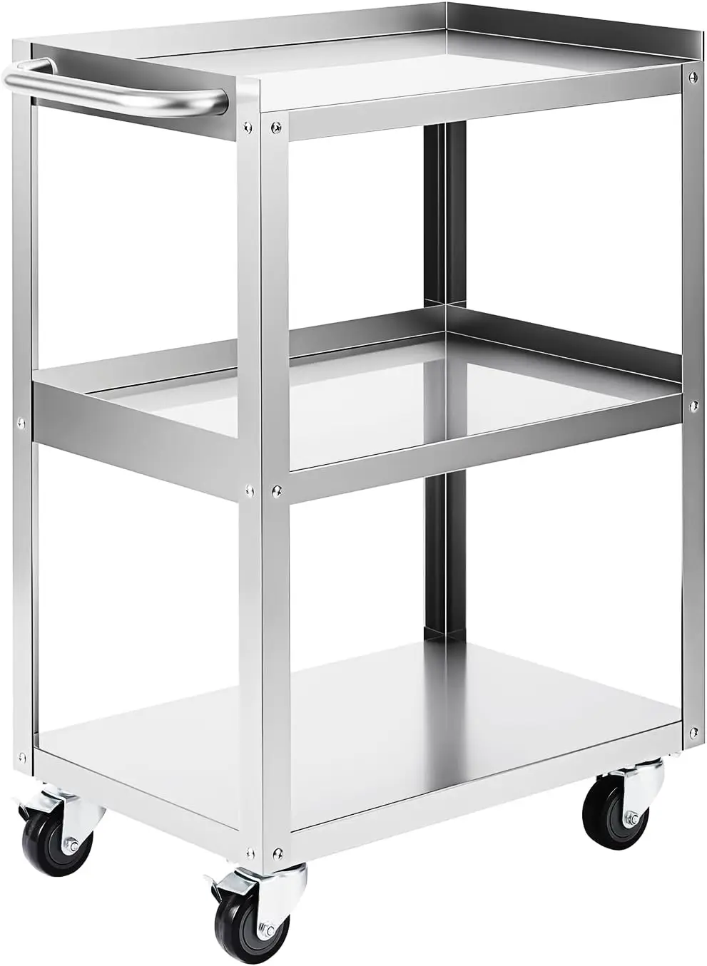 3-Tier Stainless Steel Rolling Utility Cart 24" x 16" Wheeled Service Trolley with Raised Rim Storage Shelves Mobile Tool Supply Cart for Home Workshop Kitchen Office