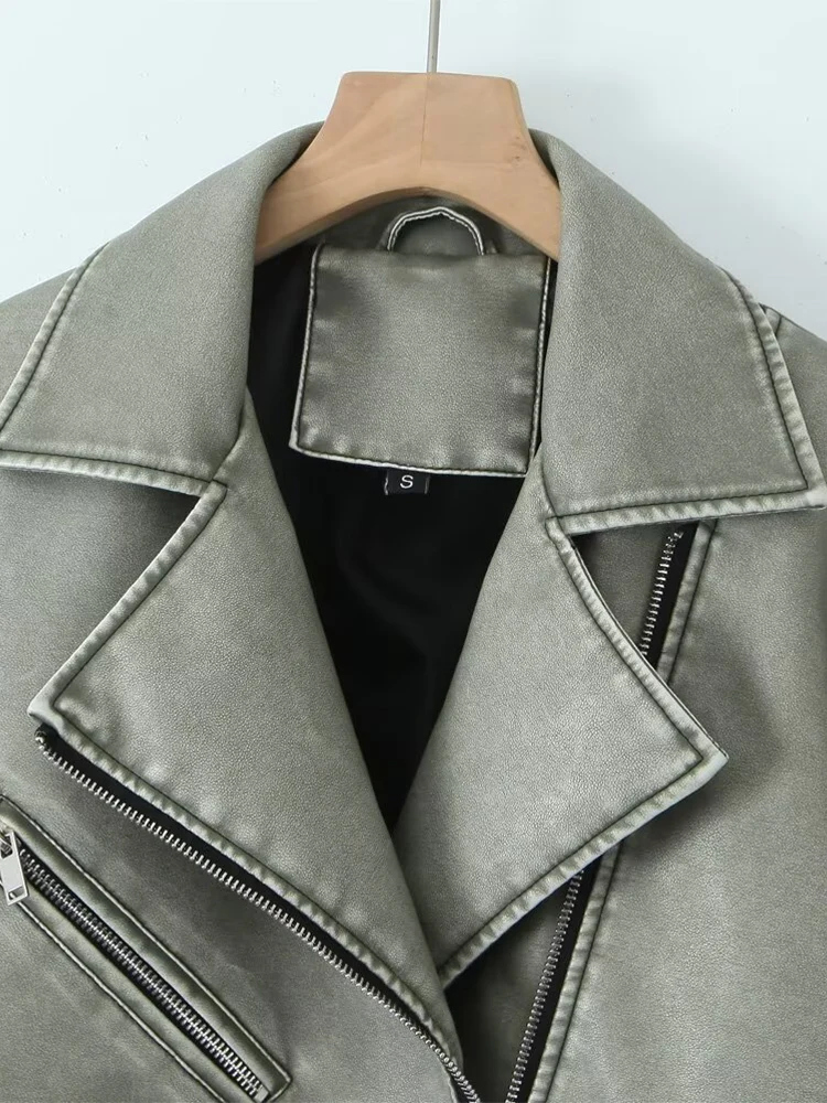 Grey leather jacket for women retro old washed leather jacket zipper motorcycle jacket personalized lapel PU leather