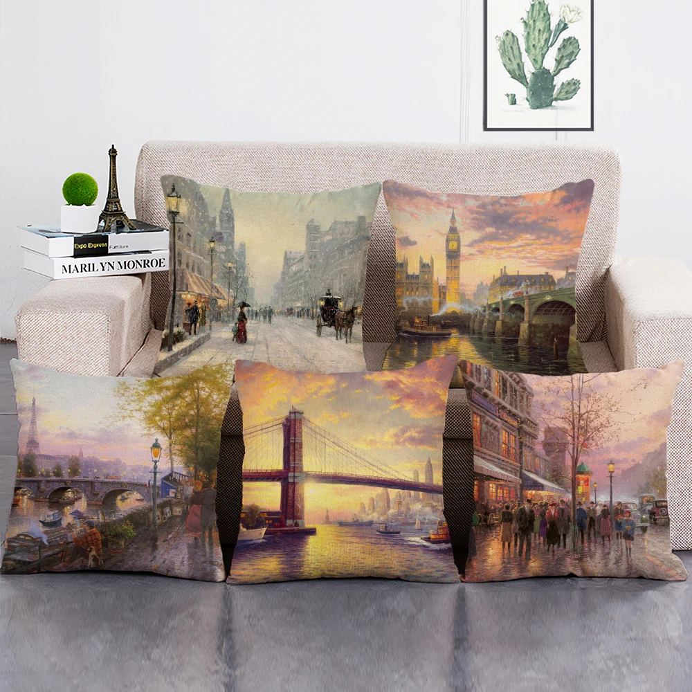 

City Landscape Oil Painting Print Cushion Cover Beautiful Countryside Art Decor Pillow Cover Sofa Throw Pillow Case