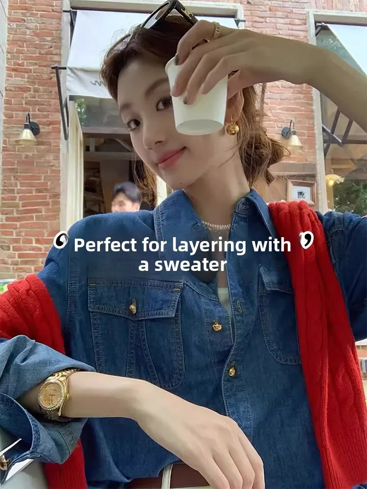 

Retro Korean Style Blue Denim Shirt Women's Spring Autumn Short Sleeve Layered Wear Base Layer Inner Wear Casual Shirt