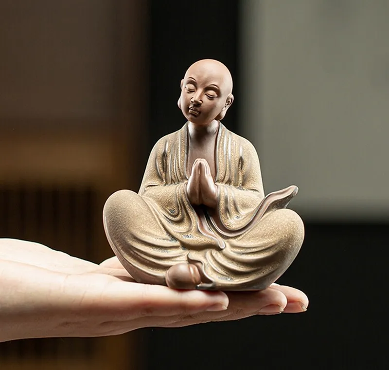 2 Pcs Zi Sha Clay Ceramic Monk Statue Buddha Buddhism Zen Figure Decor