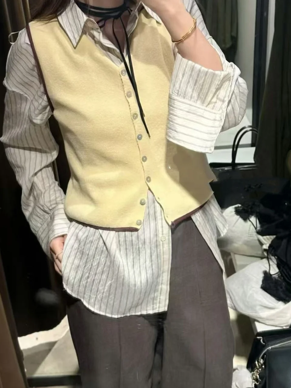 Sweet Sle-Chaleco redondo de punto Svel para mujer, Top con capas de retazos, ropa informal de algodón, otoño 2025