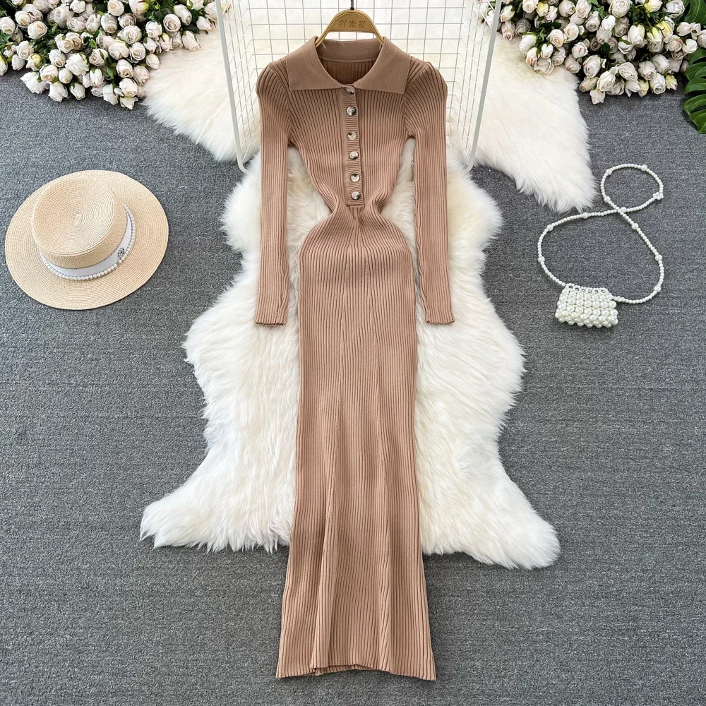 فساتين نسائية محبوكة بياقة بولو للخريف والشتاء 2024 فستان كوري جديد سادة بأكمام طويلة أنيق فستان ملفوف للسيدات