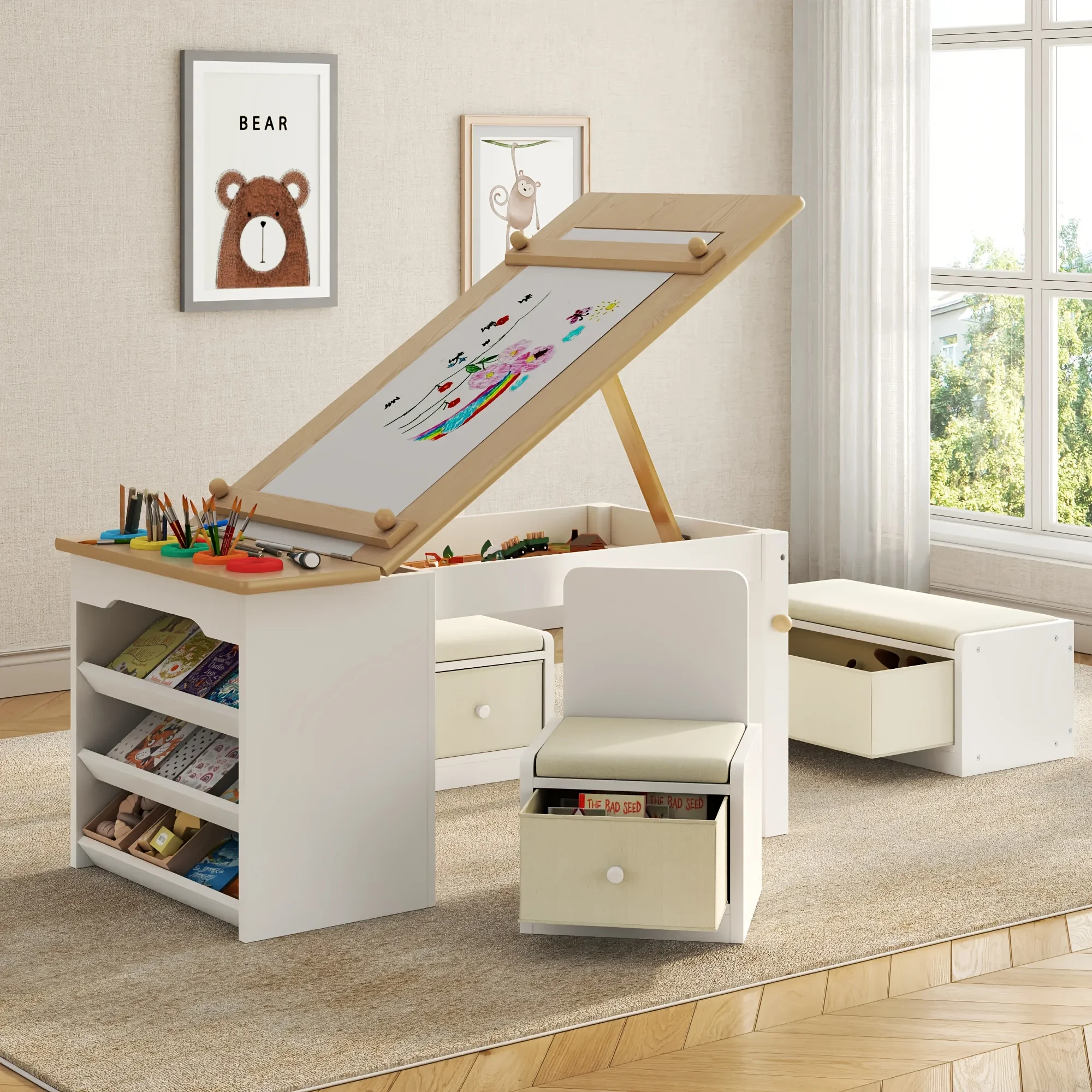 

3-in-1 Art Table and Chair Set with Storage Shelves, Drawers, Paint Cups, Paper Roll - Light Walnut Finish, Multi-Functional