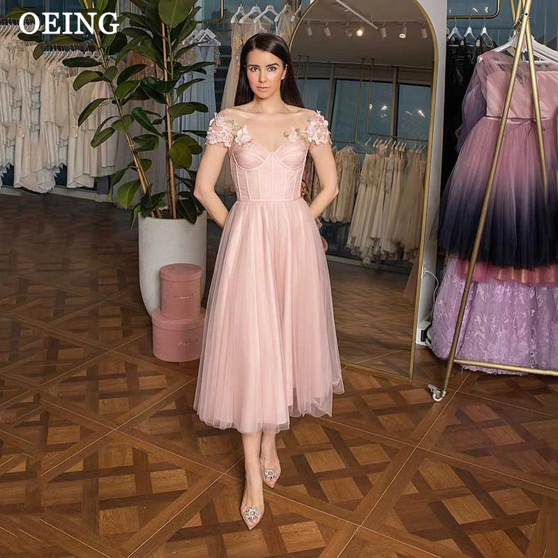 

OEING Simple A Line Light Pink Organza Prom Dresses Chic Off the Shoulder Tea Length Long Party Evening Gowns Formal Dress