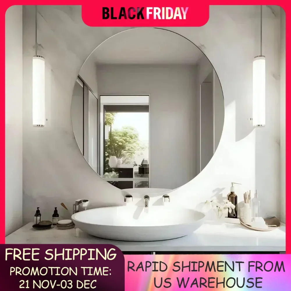 Round Framelessbathroom mirror Elegant and Simple Look, Free Shipping Wall Mirror with Beveled Edge, Circle Mirror for Bathroom