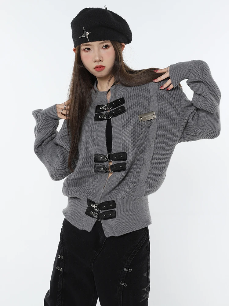 Korean Fashion Winter Women\'s Knitting Y2K Loose Preppy Style Cardigan Casual Grey Drawstring Sweater For Femme Clothing