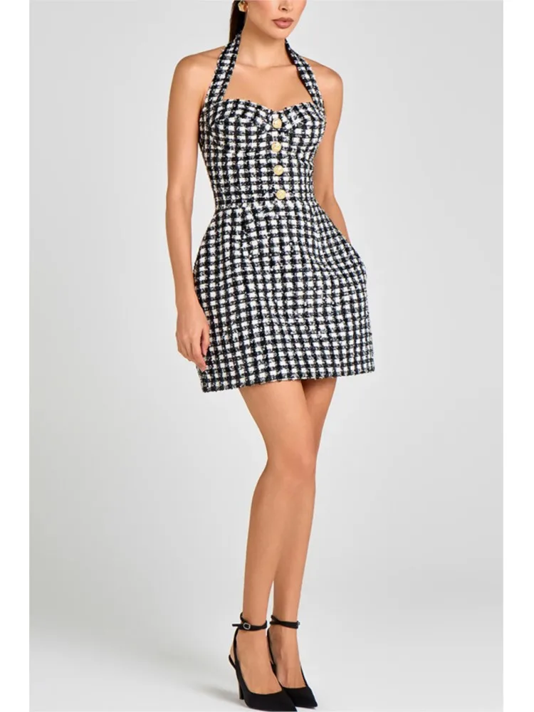 

New Black And White Checkered Halter Dress Women's Waist Party Dinner Retro Short Skirt Spring And Autumn Sexy Sleeveless Dress