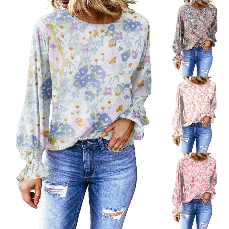 Woman's Tshirts Superior Quality spring/summer Lantern Sleeve Chiffon Floral O neckLadies Top t-shirt Dropshipping DGBYJ99270