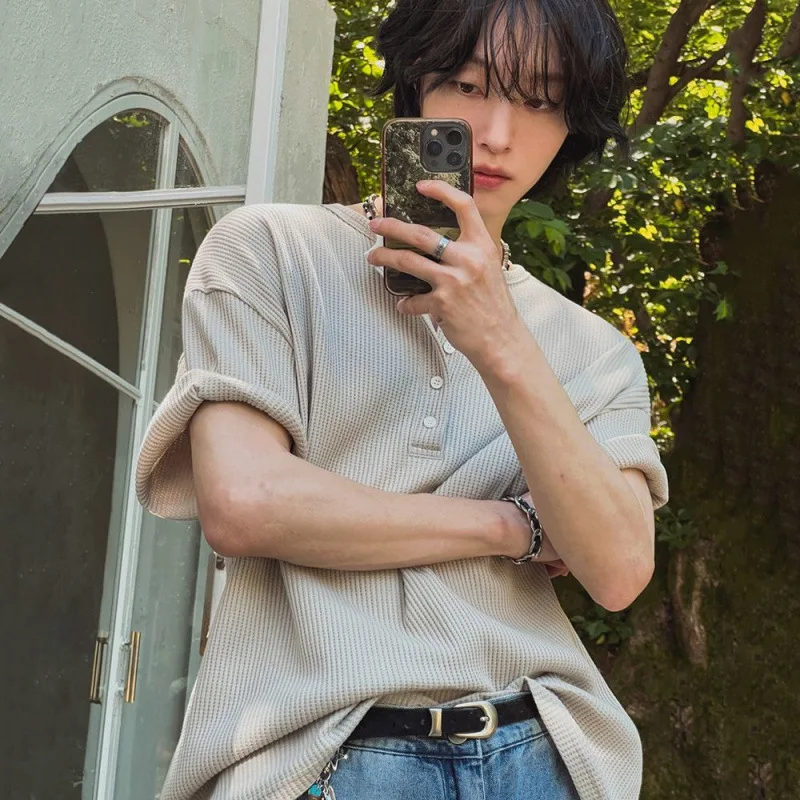 

Trendy Button-up Crew Neck Men's T-shirts Summer Clothing Men Vintage Solid Color Ribbed Tops Mens Casual Short Sleeve Pullover