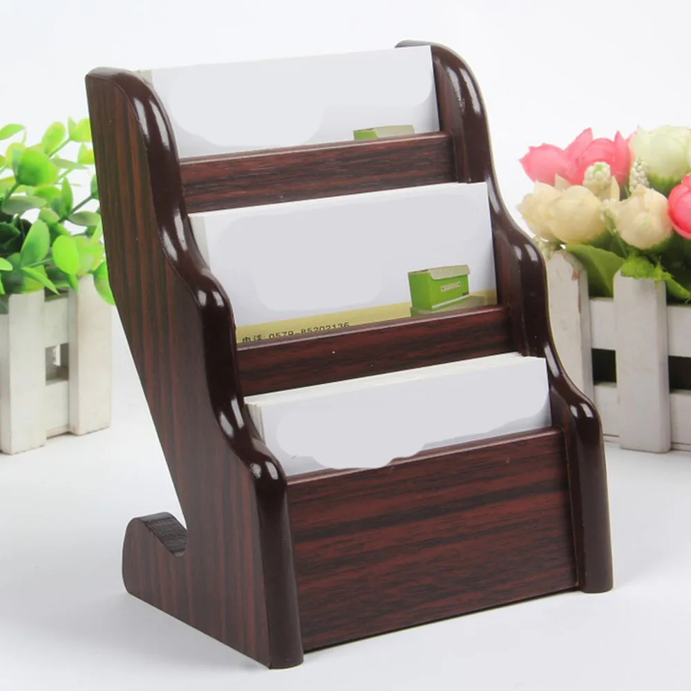 

triple-layer wood desk name card holder box case office table stationery organizer