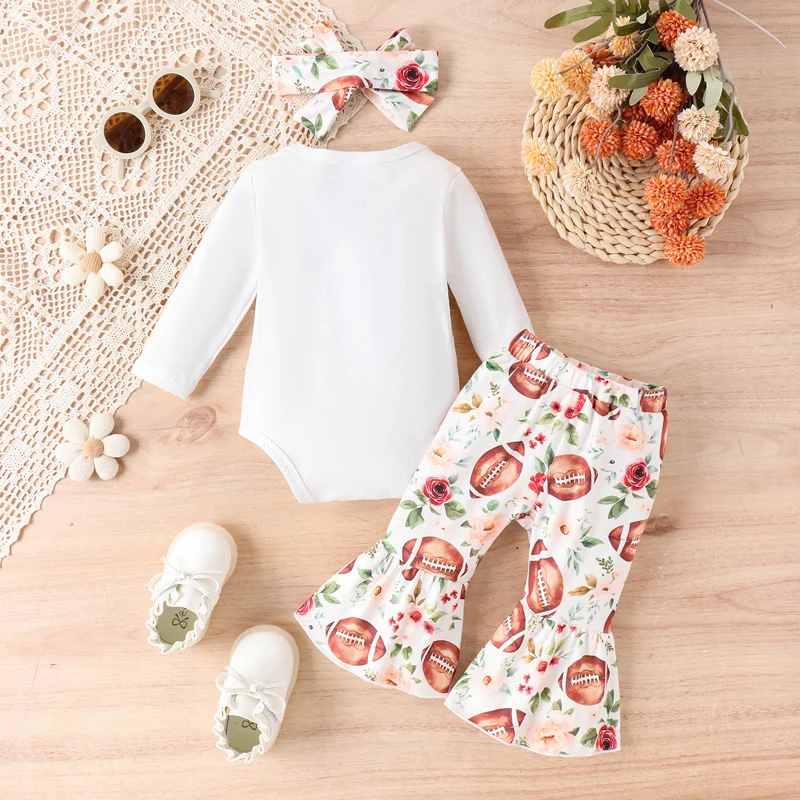 

Baby Girl s 3 Piece Summer Set Rugby Print Long Sleeve Romper Floral Flare Pants Bow Headband Infant Toddler Outfits