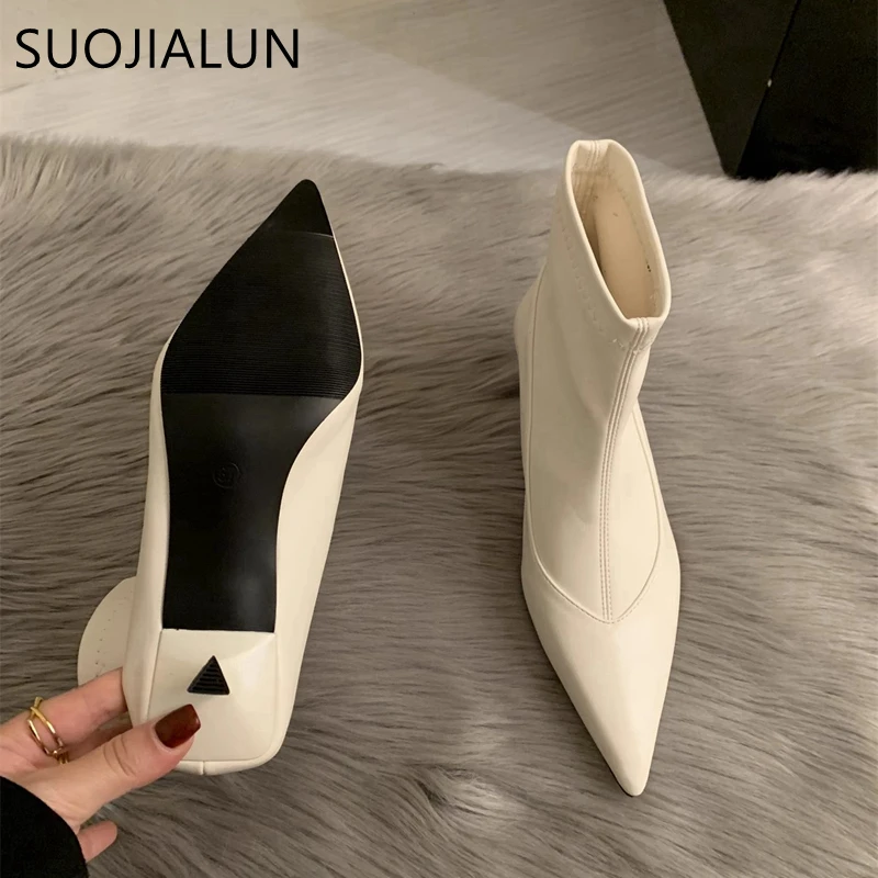 SUOJIALUN 2024 New Brand Women Ankle Boots Fashion Pointed Toe Slip On Ladies Elegant Short Boots Thin High Heel Dress Pumps Sho