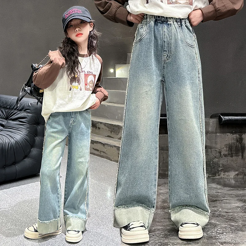 

Корейские модные детские прямые джинсы с дизайном манжеты для ног для девочек, повседневные джинсовые брюки, детские джинсовые брюки с цветочным принтом для подростков