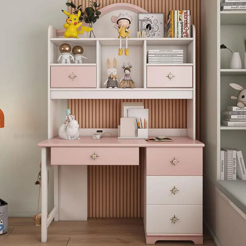 Pink L-Shape Children’s Desk &Chair Set Large Storage Drawers Versatile Computer Table Legs Girl Kids Wood Desk with Bookshelf