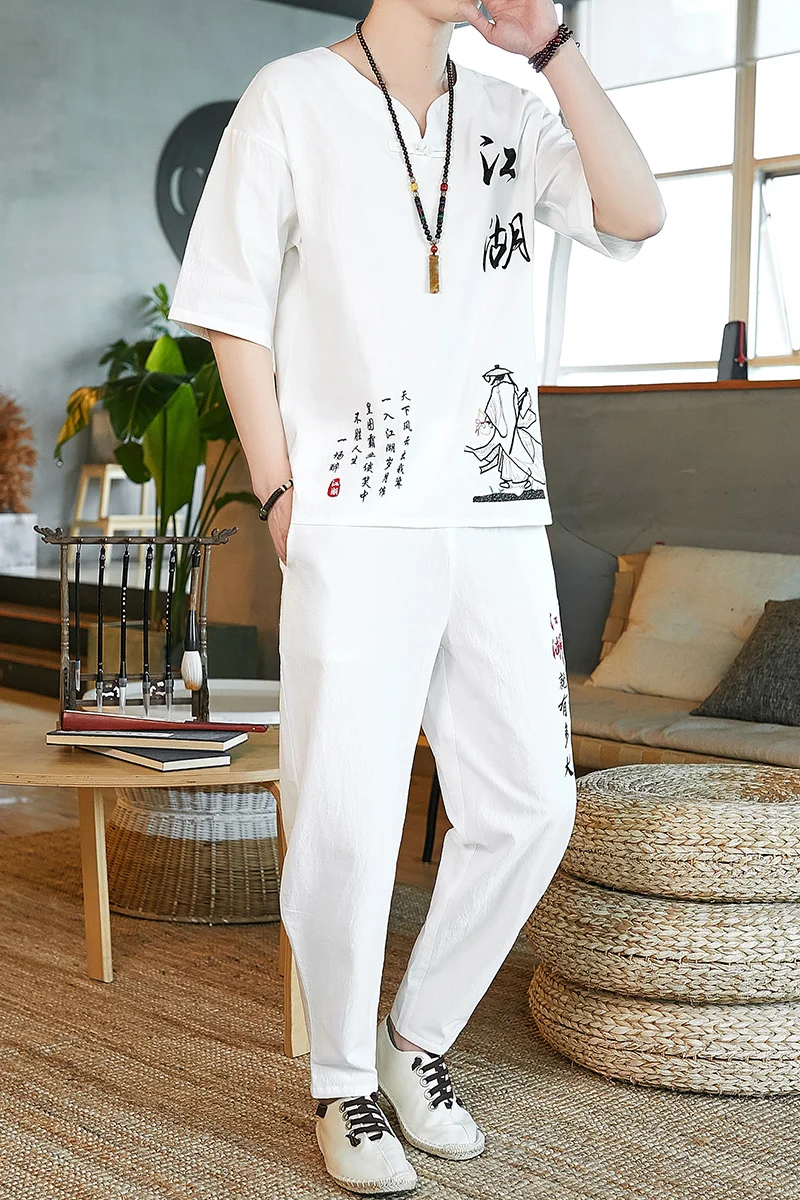 men\'s fashionable pants and shirts Summer 100% cotton and linen sportswear Men\'s suit (Shirt+pants )Men\'s casual set Spring Men