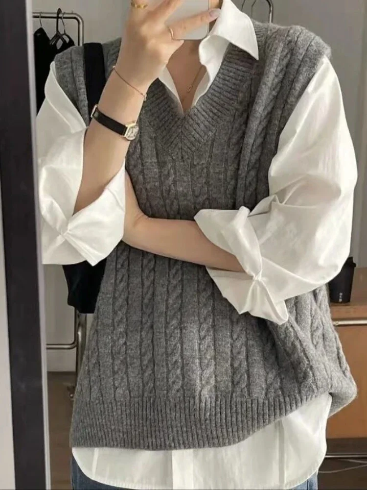 Suéter sin mangas con cuello en V para mujer, chalecos sólidos suaves y acogedores de punto Harajuku Unisex, informal, básico que combina con todo,