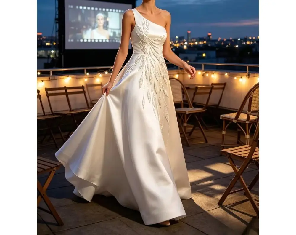 Customized Simple One Shoulder Beaded Wedding Dress 2026 Leaf Stickers Long Tail Satin A-line Bridal Gown Suitable for Banquet