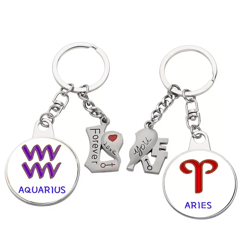 Sublimation Blank Keychain 1Pair=2pcs Metal Pendant Key Chain Round&Heart Shaped Key Ring Holder Custom Logo Jewelry Small Gift