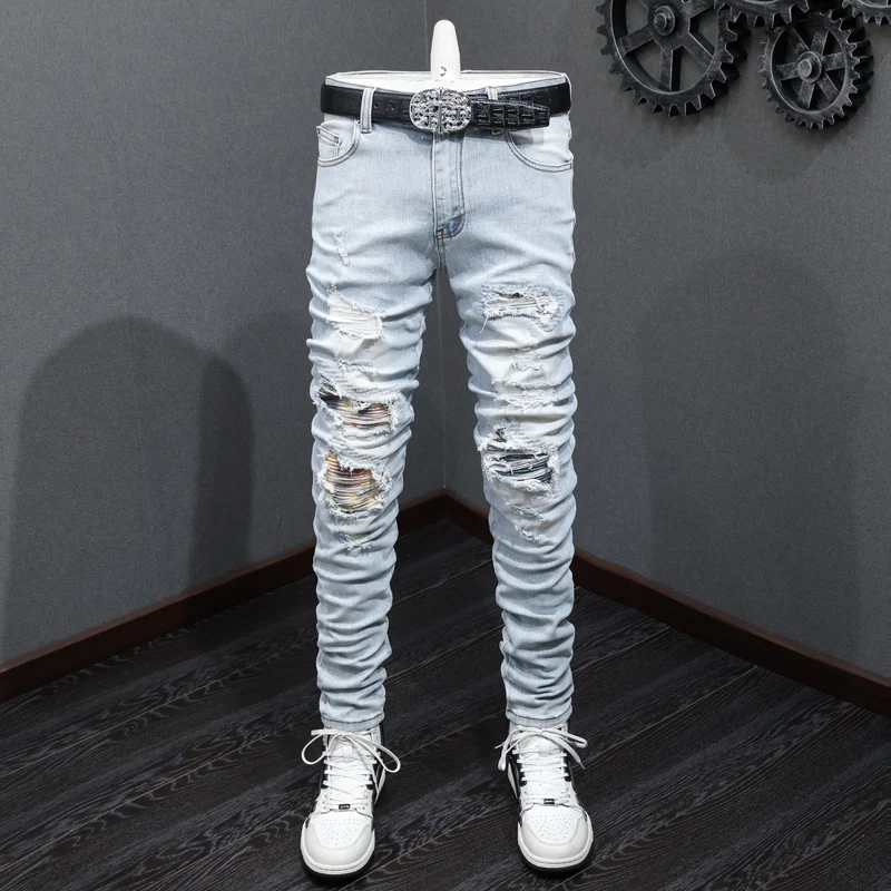 

Street fashion boutique men's jeans elastic tight patch jeans men's designer hip-hop brand retro light blue pants Hombre