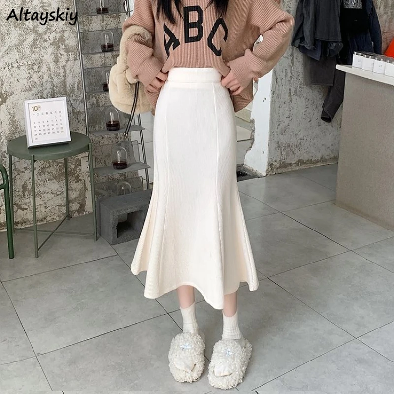 

Tender Korean Midi Skirts Women Vintage Pure Color Sweet Feminine Autumn Winter Trumpet Elegant Stylish High Waist Simple Chic