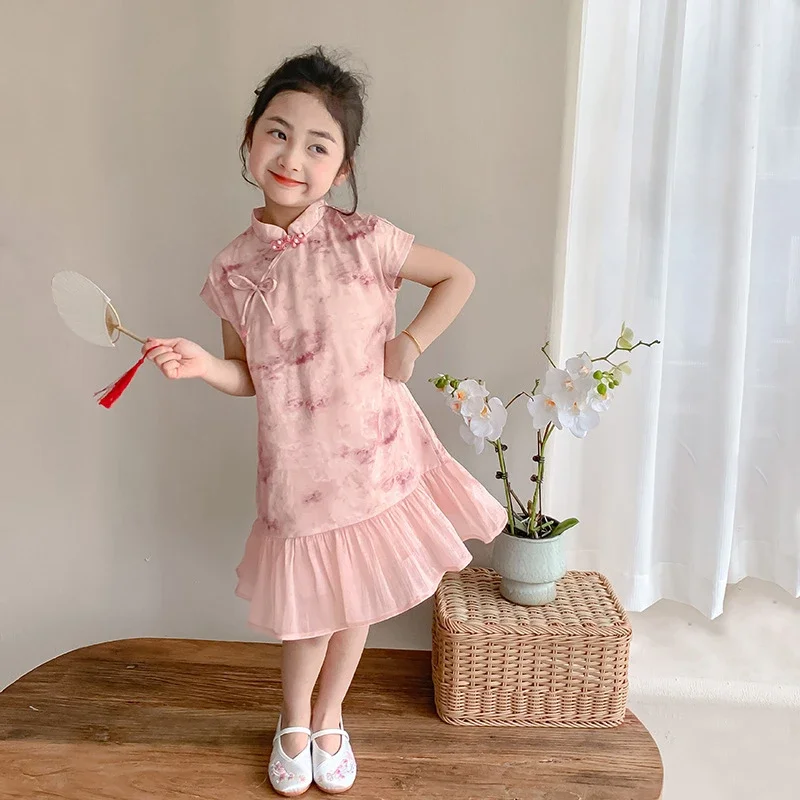 2024 Summer Girls Sweet Princess Dress Casual Combination Dress Improved Bow Pink Qipao Dress 3-10y Children\'s Wear Kids Clothes